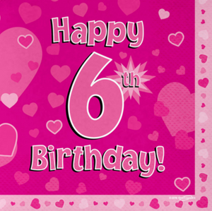 Happy 6th Birthday Pink 33cm x 33cm 3-ply Napkins (16 Pack)