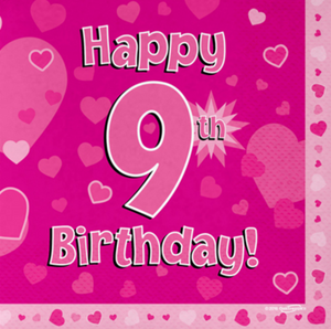 Happy 9th Birthday Pink 33cm x 33cm 3-ply Napkins (16 Pack)