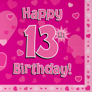 Happy 13th Birthday Pink 33cm x 33cm 3-ply Napkins (16 Pack)