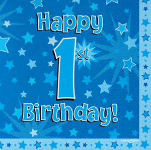 Happy 1st Birthday Blue 33cm x 33cm 3-ply Napkins (16 Pack)