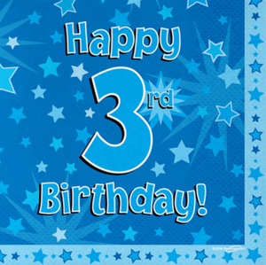 Happy 3rd Birthday Blue 33cm x 33cm 3-ply Napkins (16 Pack)