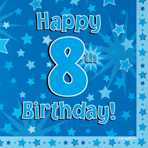 Happy 8th Birthday Blue 33cm x 33cm 3-ply Napkins (16 Pack)