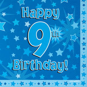 Happy 9th Birthday Blue 33cm x 33cm 3-ply Napkins (16 Pack)