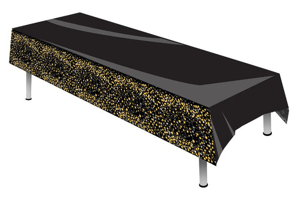 Sparkling Fizz Black & Gold Colourfast Plastic Table Cover (137cm x 2.6m)