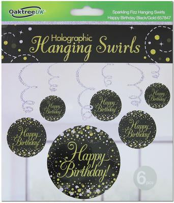 Sparkling Fizz Hanging Swirls Happy Birthday Black / Gold ( 6 Pack)