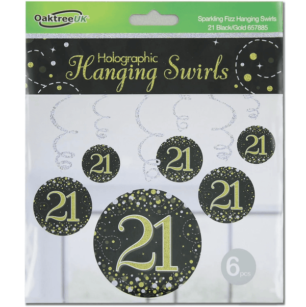 Sparkling Fizz Hanging Swirls 21st Black / Gold (6 Pack)