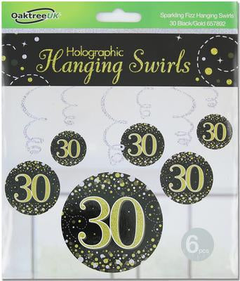 Sparkling Fizz Hanging Swirls 30th Black / Gold (6 Pack)