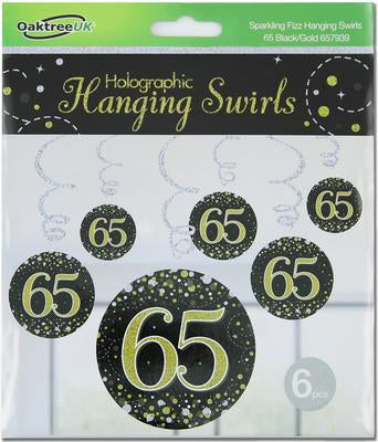 Sparkling Fizz Hanging Swirls 65th Black / Gold (6 Pack)
