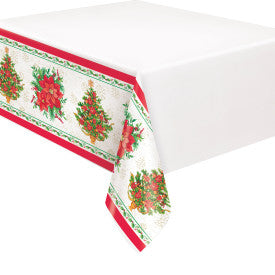Festive Poinsettia Christmas Rectangular Plastic Table Cover- (54" x 84")