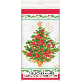 Festive Poinsettia Christmas Rectangular Plastic Table Cover- (54" x 84")