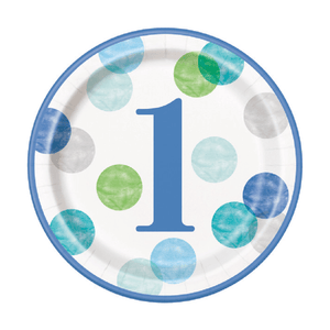 Blue Dots 1st Birthday Round 9" Dinner Plates (8 Pack)
