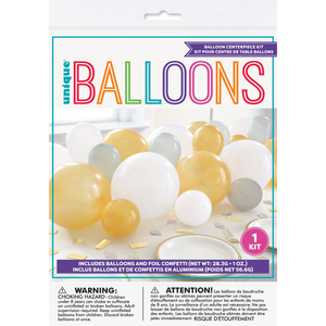 Silver White and Gold Balloon Garland Table Runner with Foil Confetti Cutouts