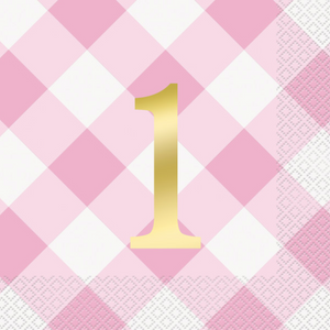 Pink Gingham 1st Birthday Luncheon Napkins Foil Stamped (16 pack)
