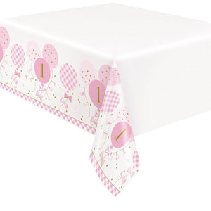 Pink Gingham 1st Birthday Rectangular Plastic Table Cover (54"x84")