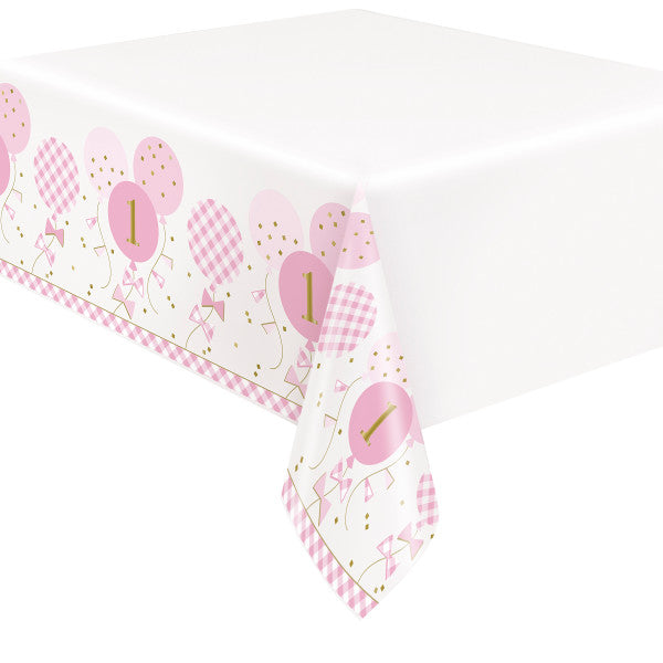 Pink Gingham 1st Birthday Rectangular Plastic Table Cover (54"x84")