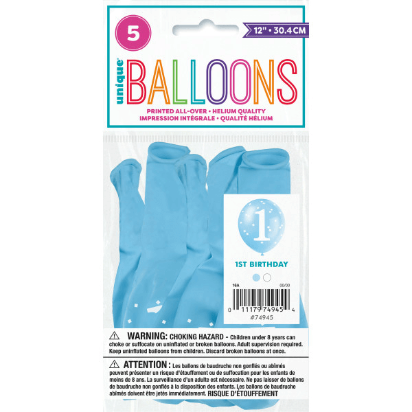 Blue Gingham 1st Birthday 12" Latex Balloons, (5 Pack)
