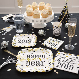 Black Gold Silver New Year Square 9" Dinner Plates Foil Board - (8 Pack)