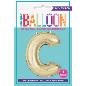 Gold Letter C Shaped Foil Balloon Packaged (14")