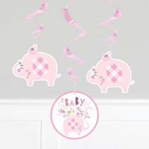 Pink Floral Elephant Hanging Swirl Decorations 26" (3 Pack)
