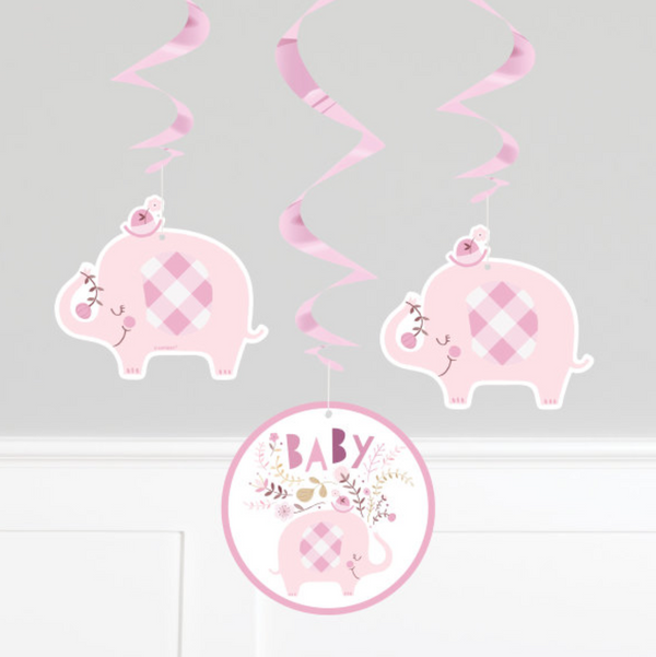 Pink Floral Elephant Hanging Swirl Decorations 26" (3 Pack)