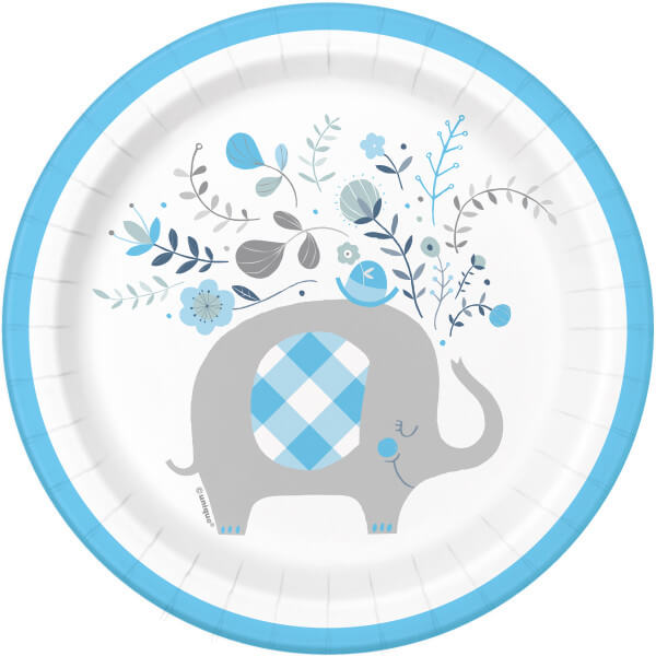 Blue Floral Elephant Round 7" Dessert Plates (8 pack)