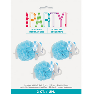 Blue Floral Elephant 9" Hanging Tissue Pom Pom Decorations (3 Pack)
