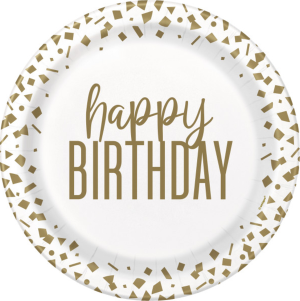 Confetti Gold Birthday Round 9" Dinner Plates (8 Pack)