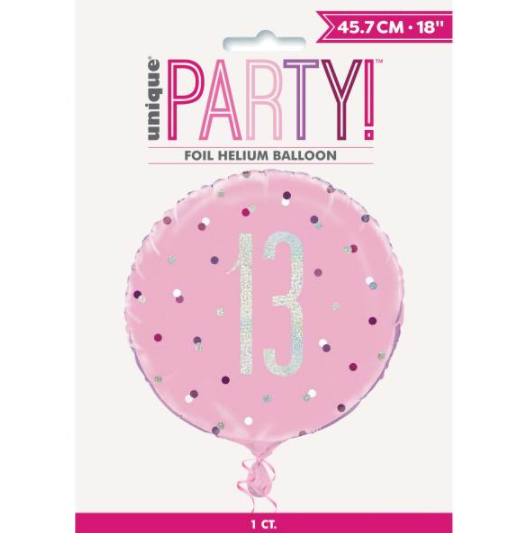 Birthday Pink Glitz Number 13 Round Foil Balloon (18")