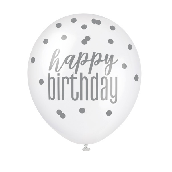 12" Glitz Black, Silver, & White Latex Balloons "Happy Birthday" (6 Pack)