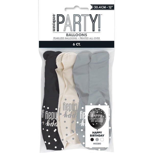 12" Glitz Black, Silver, & White Latex Balloons "Happy Birthday" (6 Pack)