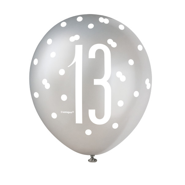 12" Birthday Black & Silver Glitz Number 13 Latex Balloons (6 Pack)