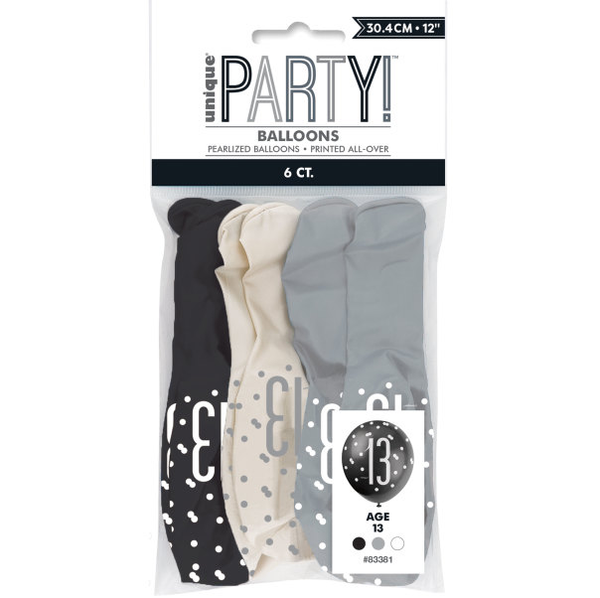 12" Birthday Black & Silver Glitz Number 13 Latex Balloons (6 Pack)