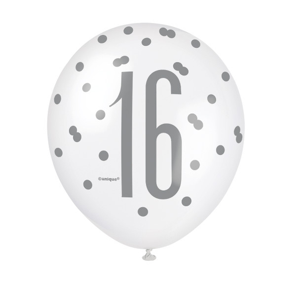 12" Glitz Black, Silver, & White Latex Balloons Aged 16 (6 Pack)