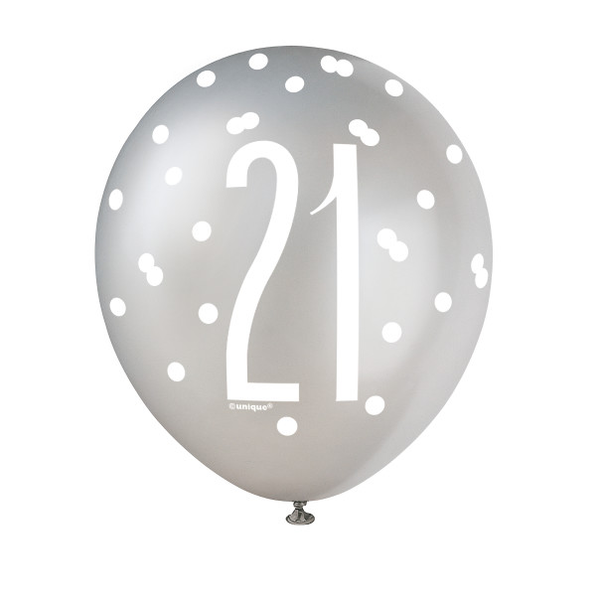 12" Birthday Black & Silver Glitz 'Number 21' Latex Balloons (6 Pack)