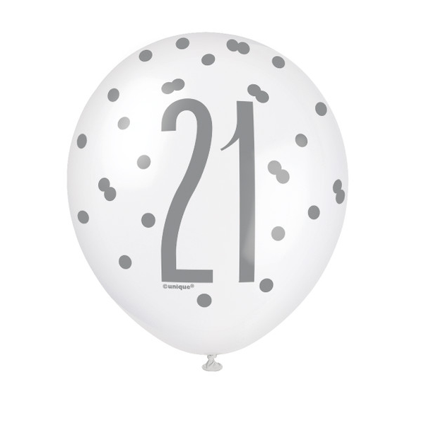 12" Birthday Black & Silver Glitz 'Number 21' Latex Balloons (6 Pack)