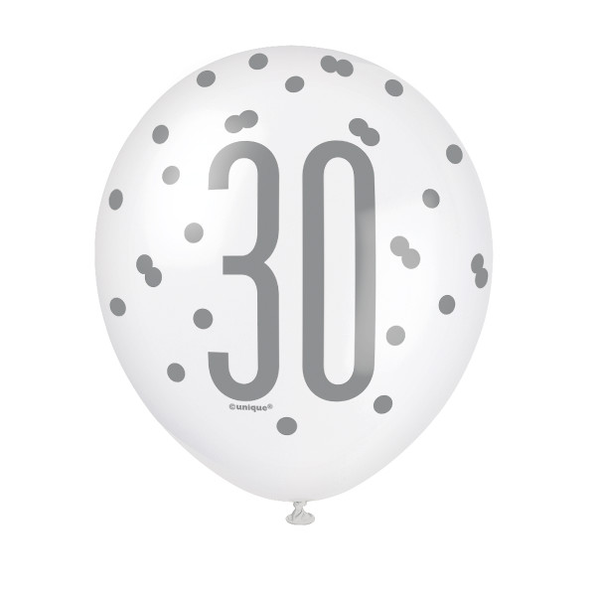 12" Glitz Black, Silver, & White Latex Balloons 30 (6 Pack)