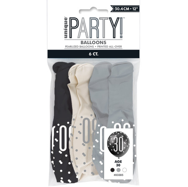 12" Glitz Black, Silver, & White Latex Balloons 30 (6 Pack)