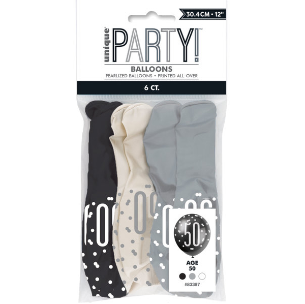 12" Glitz Black, Silver, & White Latex Balloons 50 (6 Pack)