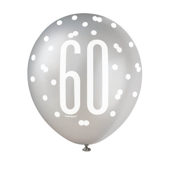 12" Glitz Black, Silver, & White Latex Balloons 60 (6 Pack)