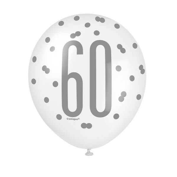 12" Glitz Black, Silver, & White Latex Balloons 60 (6 Pack)