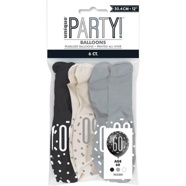 12" Glitz Black, Silver, & White Latex Balloons 60 (6 Pack)