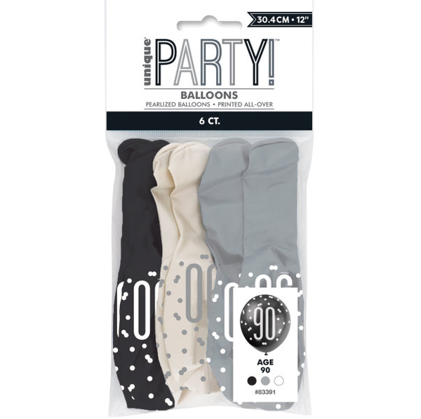 12" Glitz Black, Silver, & White Latex Balloons 90 (6 Pack)