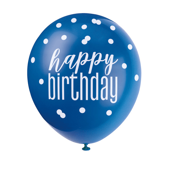 12" Glitz Light Blue, Royal Blue, & White Latex Balloons "Happy Birthday" (6 Pack)