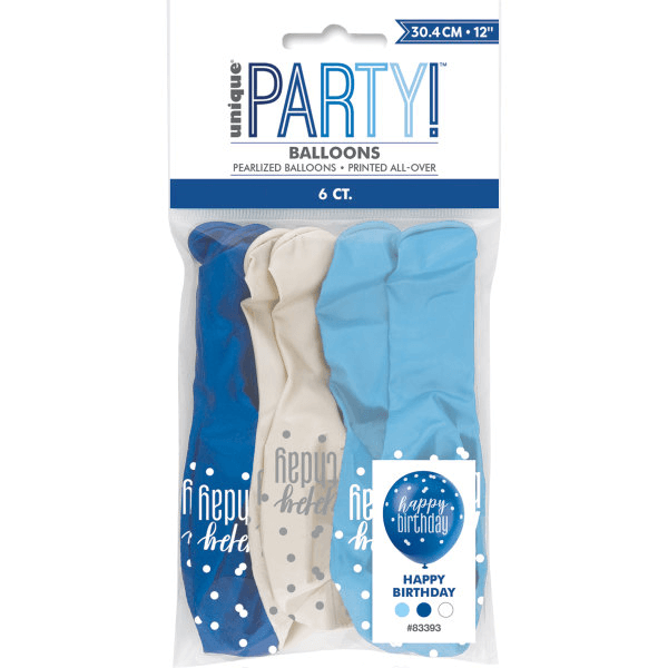 12" Glitz Light Blue, Royal Blue, & White Latex Balloons "Happy Birthday" (6 Pack)