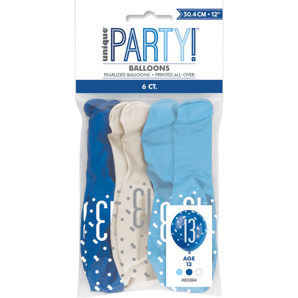 12" Birthday Blue Glitz Number '13' Latex Balloons (6 Pack)