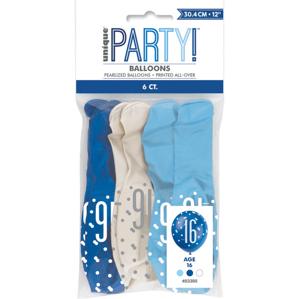 12" Glitz Light Blue, Royal Blue, & White Latex Balloons 16th (6 Pack)