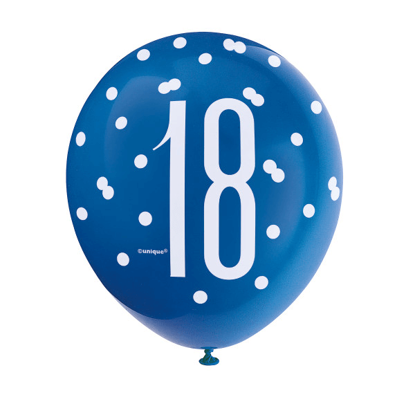 12" Birthday Blue Glitz Number '18'  Latex Balloons (6 Pack)
