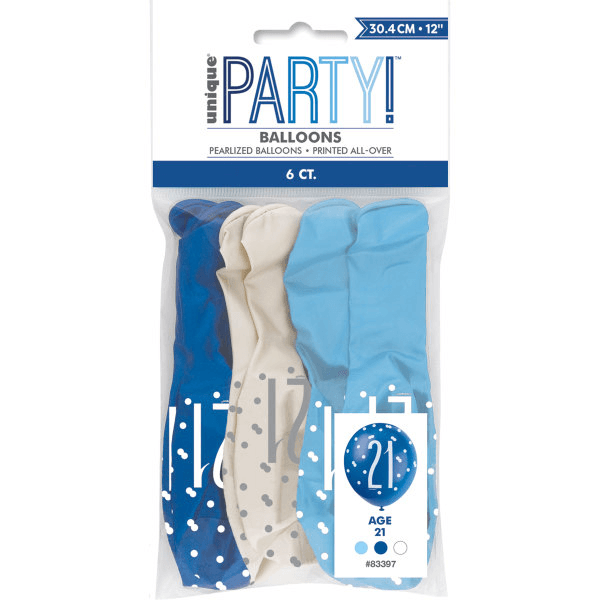 12" Birthday Blue Glitz Number '21' Latex Balloons (6 Pack)