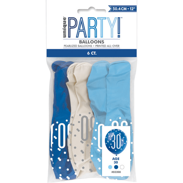 12" Glitz Light Blue, Royal Blue, & White Latex Balloons 30th (6 Pack)