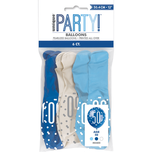 12" Glitz Light Blue, Royal Blue, & White Latex Balloons 50th (6 Pack)